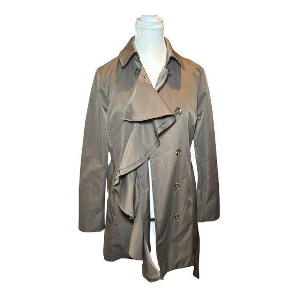 SANDRO Trench Coat Womens M Brown Taupe Rain Ruffle Belted Luxe City Girl - Picture 6 of 7